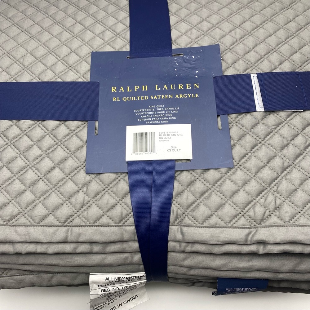 Ralph Lauren Quilted Sateen Argyle King Quilt Coverlet Graphite MSRP $470